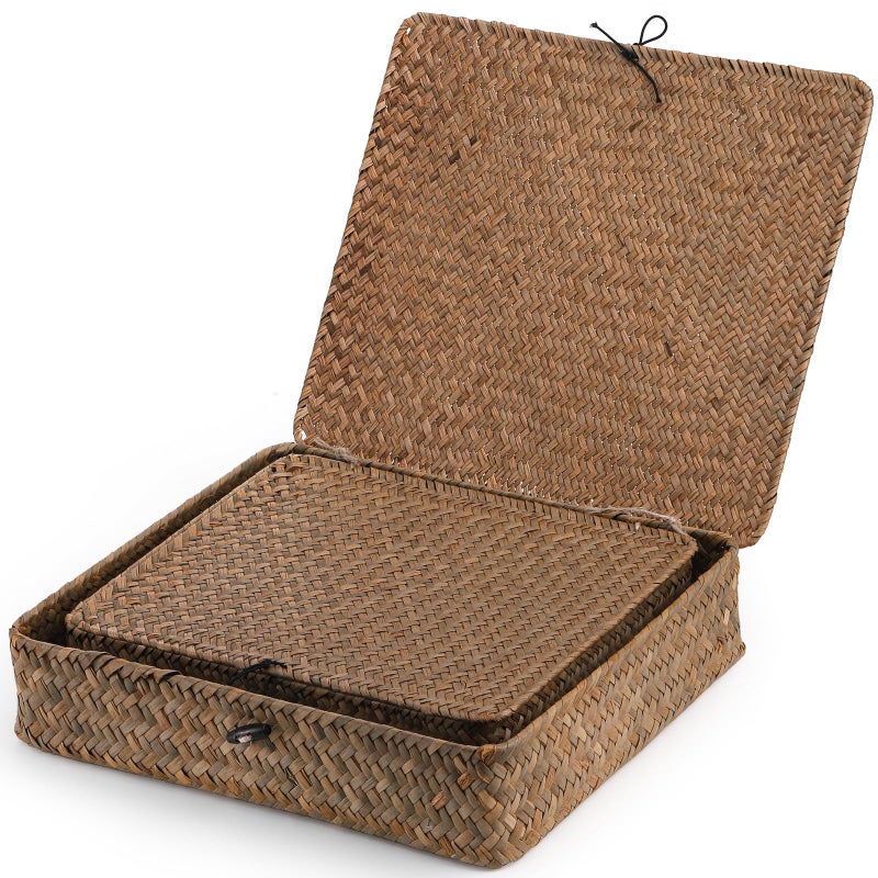 Elsjoy 2 Pack Seagrass Baskets with Lid, Wicker Storage Baskets Flat Rattan Storage Bins, Woven Organizer Baskets for Shelf, Closet, Bedroom - Image 3