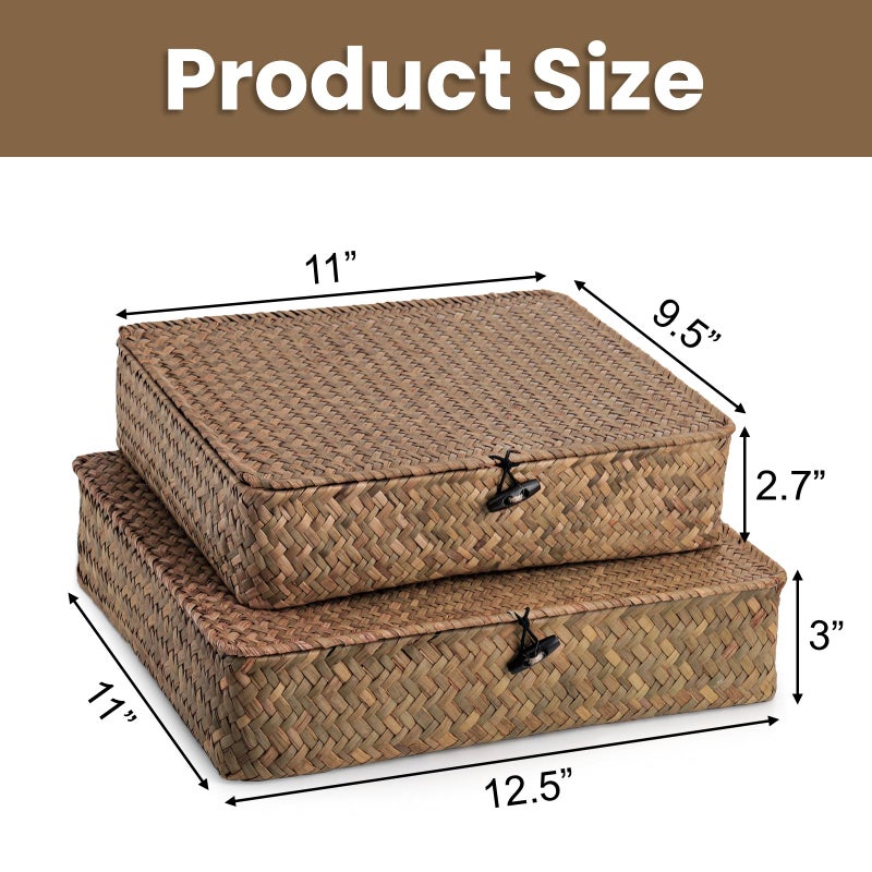 Elsjoy 2 Pack Seagrass Baskets with Lid, Wicker Storage Baskets Flat Rattan Storage Bins, Woven Organizer Baskets for Shelf, Closet, Bedroom - Image 2