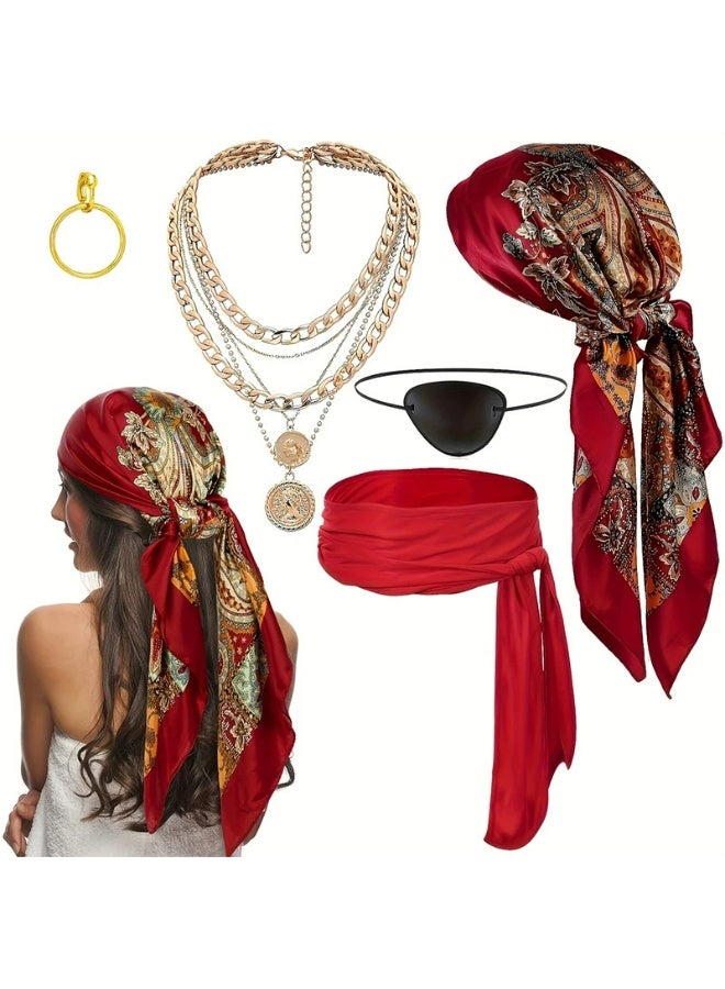 مجموعة اكسسوارات زي القراصنة للنساء | وشاح للرأس وقبعة ووشاح وحزام زي تنكري مع عقد من الستانلس ستيل - Image 1