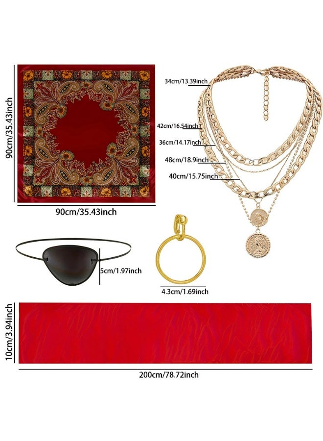 مجموعة اكسسوارات زي القراصنة للنساء | وشاح للرأس وقبعة ووشاح وحزام زي تنكري مع عقد من الستانلس ستيل - Image 2