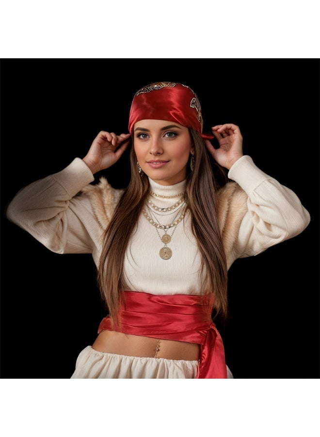 مجموعة اكسسوارات زي القراصنة للنساء | وشاح للرأس وقبعة ووشاح وحزام زي تنكري مع عقد من الستانلس ستيل - Image 3