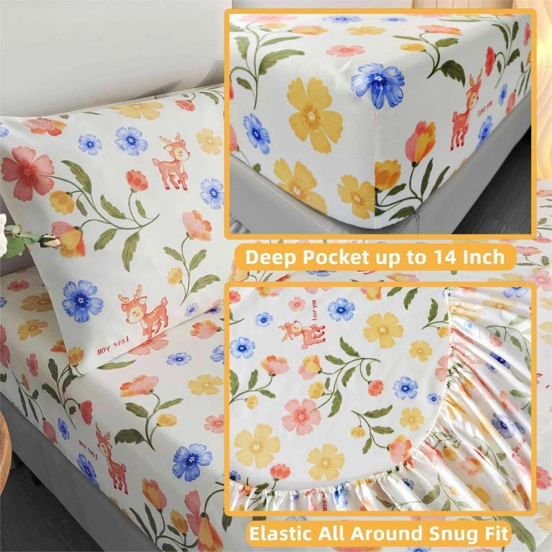 SDIII Reindeer and Floral Twin Fitted Sheet with 2 Pillowcases, Not Including Flat Sheet, Fawn and Floral Sheets Fall Deep Pocket, Flower and Animal - Image 4