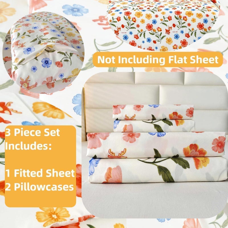 SDIII Reindeer and Floral Twin Fitted Sheet with 2 Pillowcases, Not Including Flat Sheet, Fawn and Floral Sheets Fall Deep Pocket, Flower and Animal - Image 2
