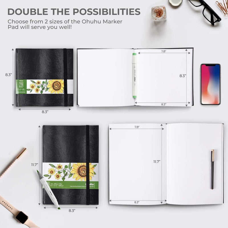 Ohuhu Sketchbook Marker Paper Pad: 2 Pack 8.3"x8.3"&8.3"x11.7" Art Sketch Book Drawing Papers Each Size Holds 78 Sheets/156 Pages 120 lb/200 gsm Hardcover Sketching Books Christmas Gift - Image 3