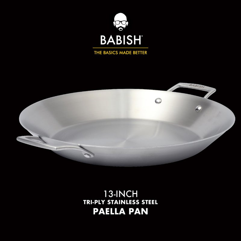 Babish 13 Inch Tri-Ply Stainless Steel Paella Pan, Large Skillet, Griddle, Frying Pan - Induction Safe - Image 2
