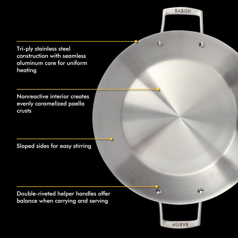 Babish 13 Inch Tri-Ply Stainless Steel Paella Pan, Large Skillet, Griddle, Frying Pan - Induction Safe - Image 3