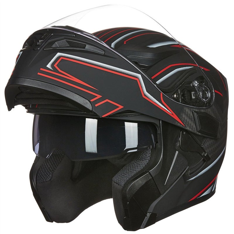 ILM Motorcycle Dual Visor Flip up Modular Full Face Helmet DOT 6 Colors Model 902 S Black RED