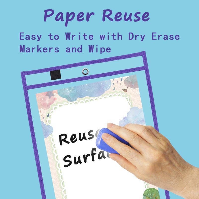 Antner 30 Pack Oversized Dry Erase Pockets Sleeves Reusable Ticket Holders, Clear Plastic Sheet Page Protectors, Heavy Duty Work Pockets School Teacher Classroom Office Organization Supplies, 10 Color - Image 2