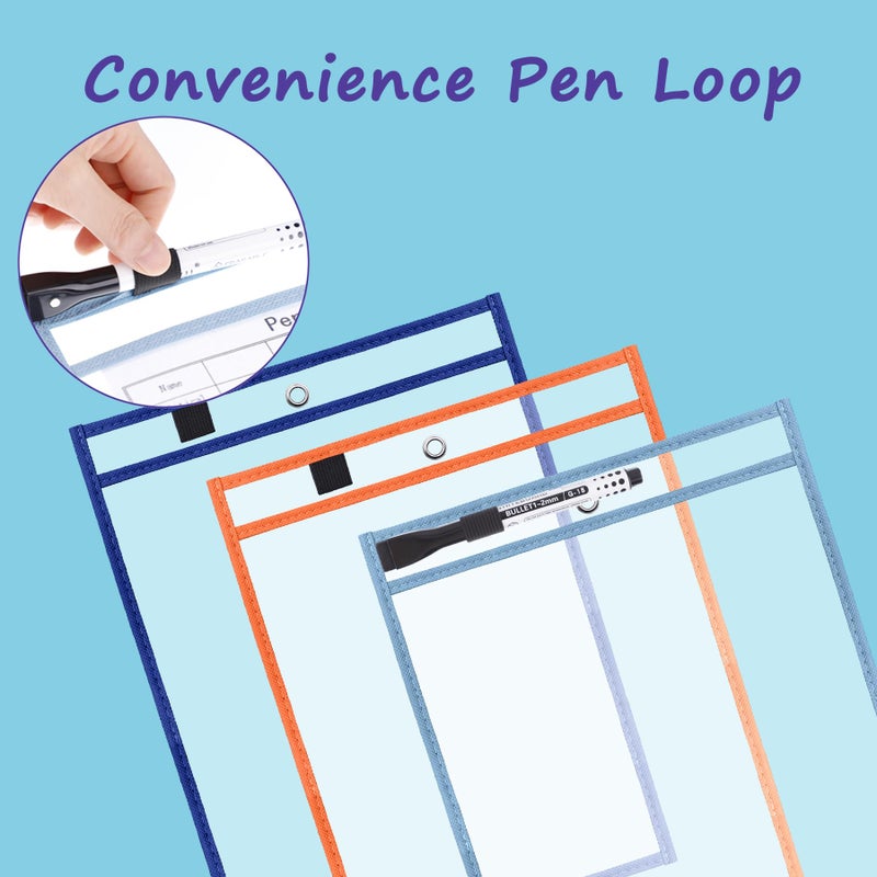 Antner 30 Pack Oversized Dry Erase Pockets Sleeves Reusable Ticket Holders, Clear Plastic Sheet Page Protectors, Heavy Duty Work Pockets School Teacher Classroom Office Organization Supplies, 10 Color - Image 3