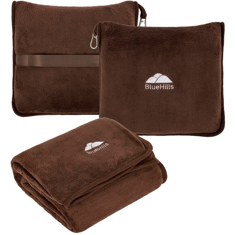 BlueHills Premium Soft Travel Blanket Pillow Airplane Blanket Soft Bag Pillow case with Hand Luggage Belt and Backpack Clip Compact Pack Large Portable Throw Air Plane Flight Travel Brown T009