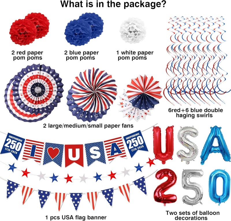 Ainiel 4th of July Decorations, Red White Blue Paper Fans, Patriotic Designs - Image 2