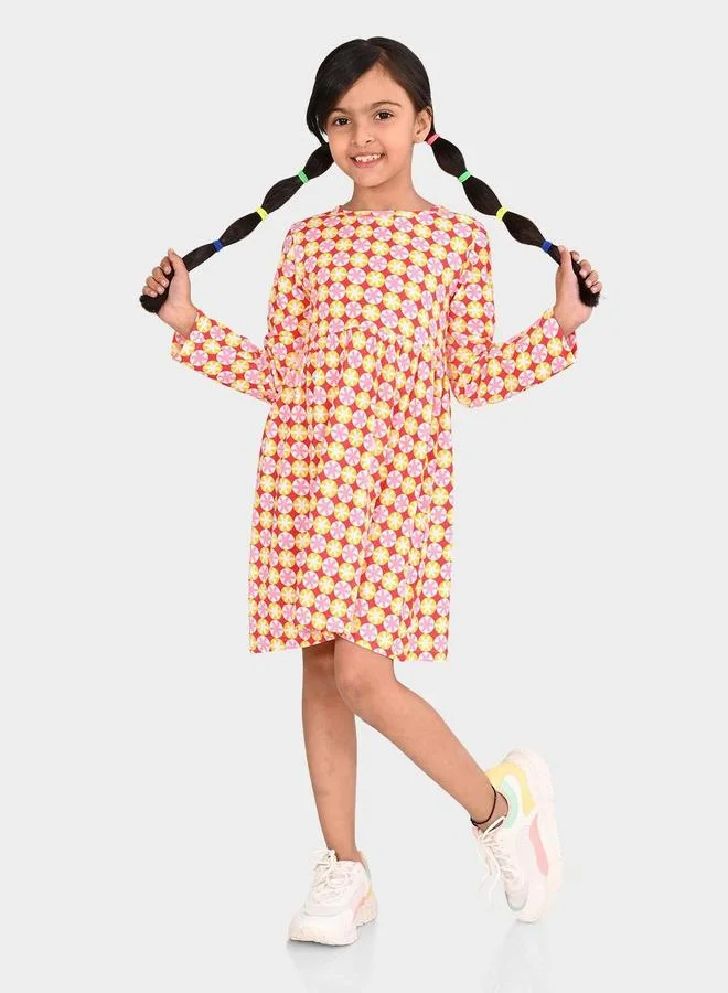 Bonkids Girl's Multicolour 100% Cotton Printed Regular Fit Dress