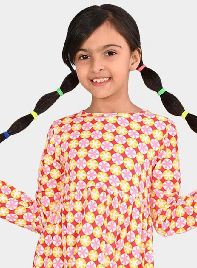 Bonkids Girl's Multicolour 100% Cotton Printed Regular Fit Dress