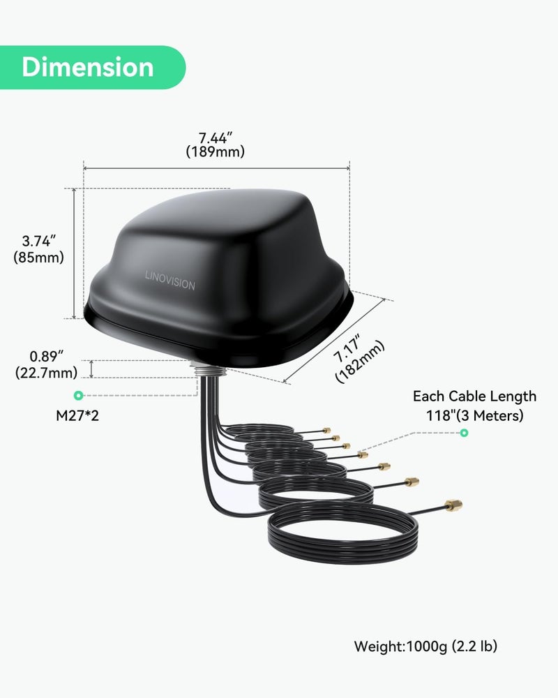 LINOVISION هوائي LINOVISION 5G LTE MIMO Combo 7 في 1، 4X 5G LTE، 1x GNSS، 2X Wi-Fi، هوائي خارجي للسقف من نوع SMA مع كابل 10 قدم، يعمل مع Teltonika RUTM50 وRUTX50 وTRB500 وRUTC50 (PR1KC640) - Image 5