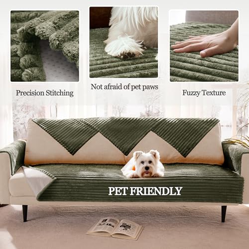 Meider Dual Non-Slip Couch Cover for Dogs Waterproof, Fuzzy Soft Pet Couch Covers for Sofa 3 Cushion, Pet Friendly Soft Dog Bed Covers Sofa Cover Washable (Sage Green, 33" x 75" 1 Pack) - Image 4