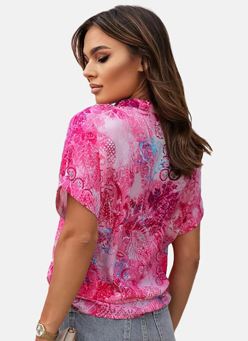 يونيكي Pink Printed Short Sleeve V Neck Tunics