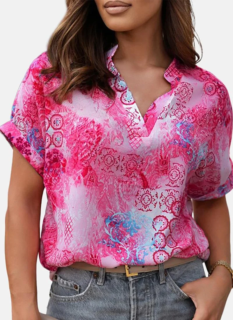 YUNIQEE Pink Printed Short Sleeve V Neck Tunics