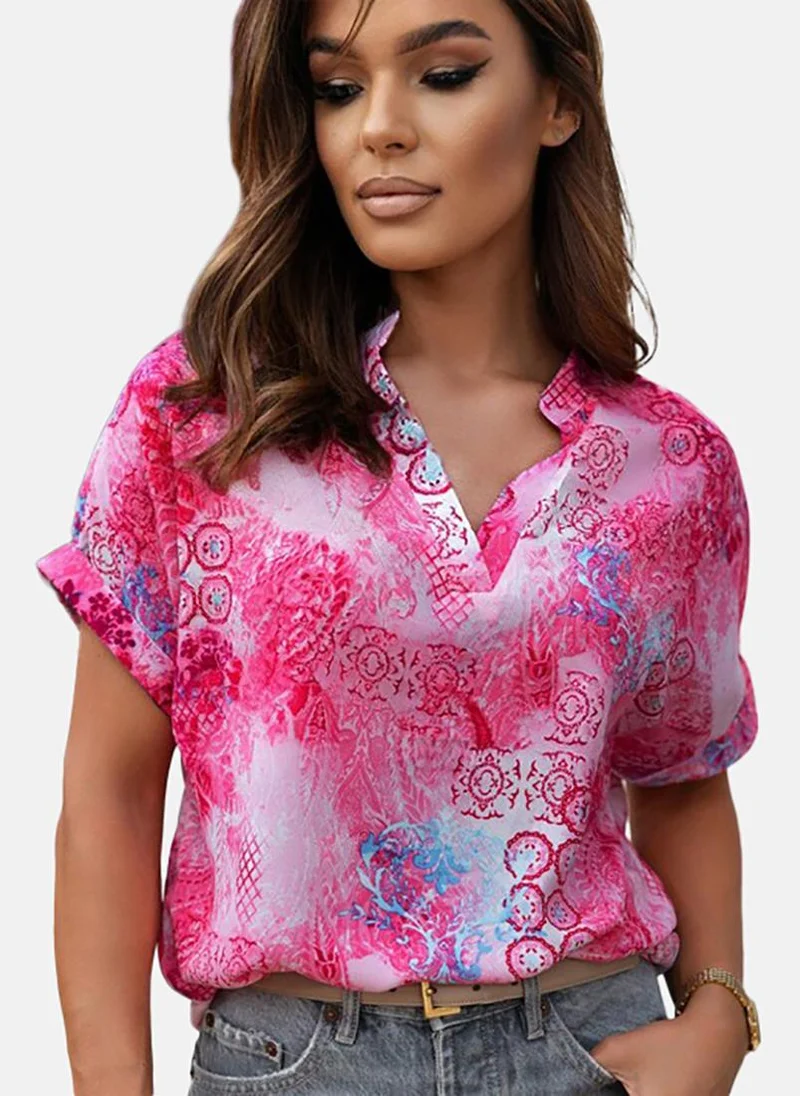 يونيكي Pink Printed Short Sleeve V Neck Tunics