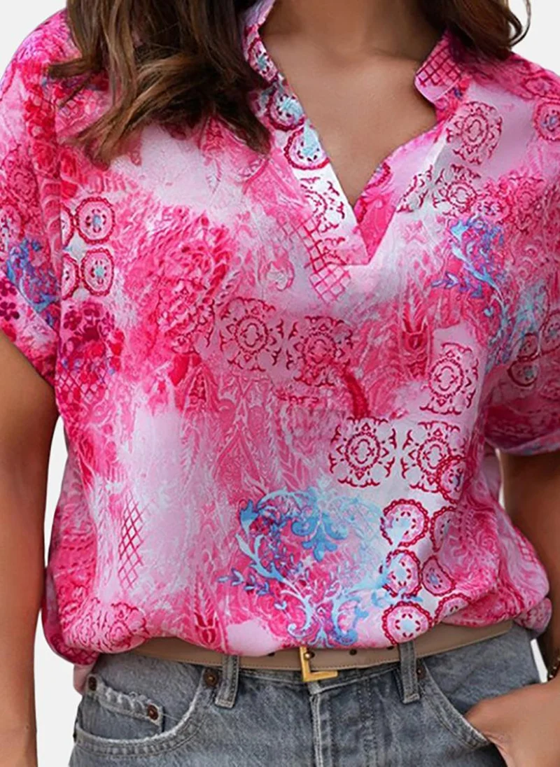 YUNIQEE Pink Printed Short Sleeve V Neck Tunics