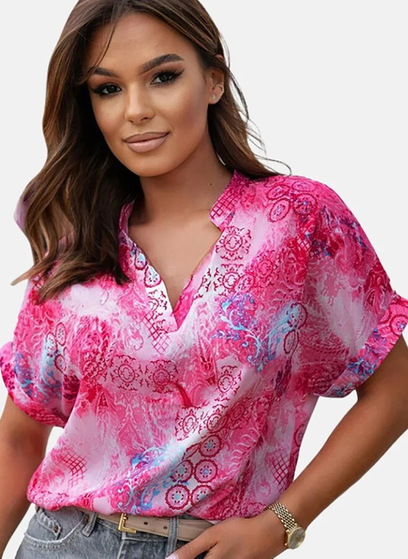 يونيكي Pink Printed Short Sleeve V Neck Tunics
