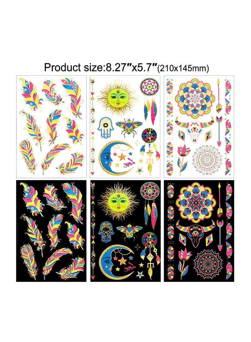 8 Assorted Large Glow in the Dark Metallic Gold Temporary Tattoos - UV Neon Peacock Feather & Mandala Flower Designs, Waterproof Body Art Stickers for Women, Men, and Girls. - Image 5