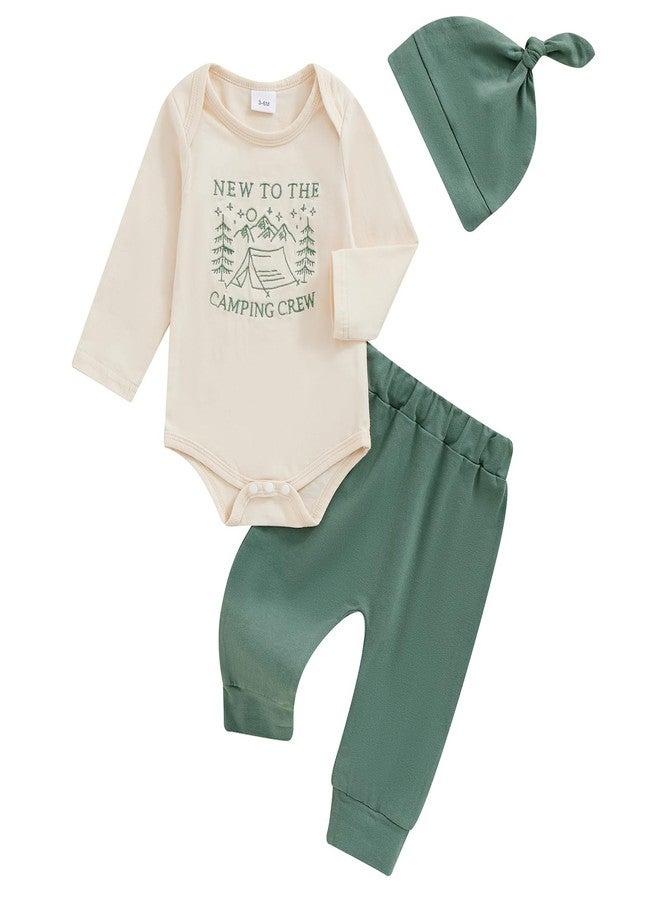 Socutebabe Newborn Baby Fall Clothes New To The Camping Crew Outfit Long Sleeve Romper Pants Set Infant Boy Girl 3pcs (Green, 3-6 Months) - Image 1