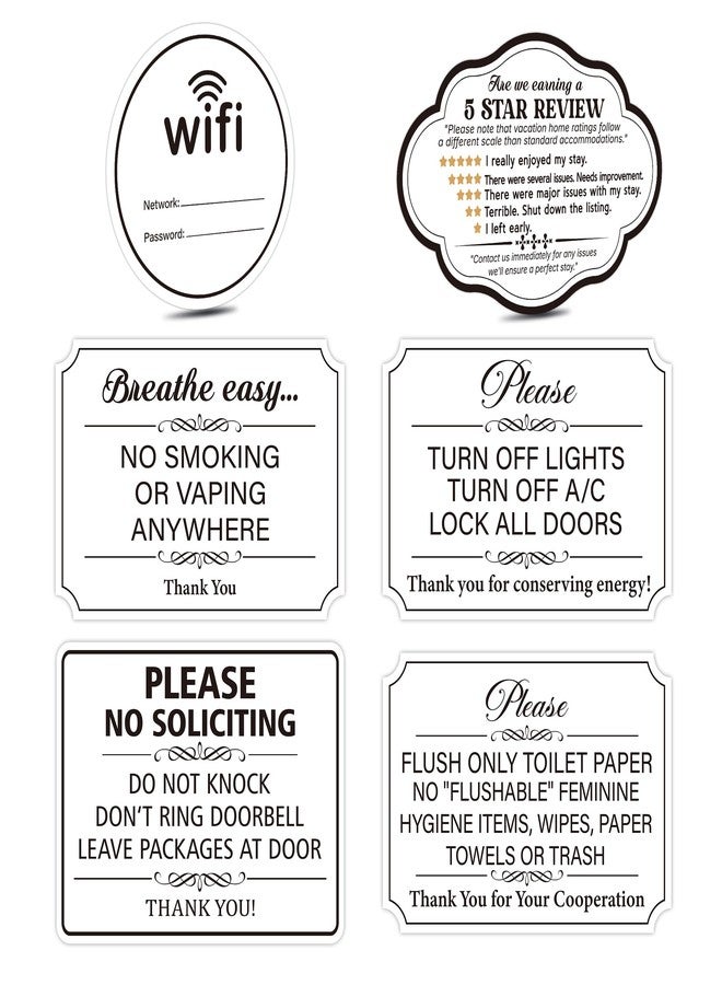 LUHIMO 6PCS Essential Rental Rules Sign For Hosts，Waterproof Durable Cute Wifi Password, No Smoking, Do Not Flush, Turn Off Lights & AC, Star Review Sticker For Home Guests, Vacation Rental and Landlord - Image 1