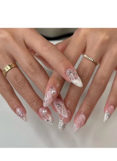 JOSQUEWNN Press On Nails French , 24pcs Captivating 3d French-Style Wearable Nails: Gorgeous Heart And Butterfly Design, Almond-Shaped Nail Pieces Showcasing Natural Elongated ,Fake Acrylic Nails With Glue Kit.  - Image 1