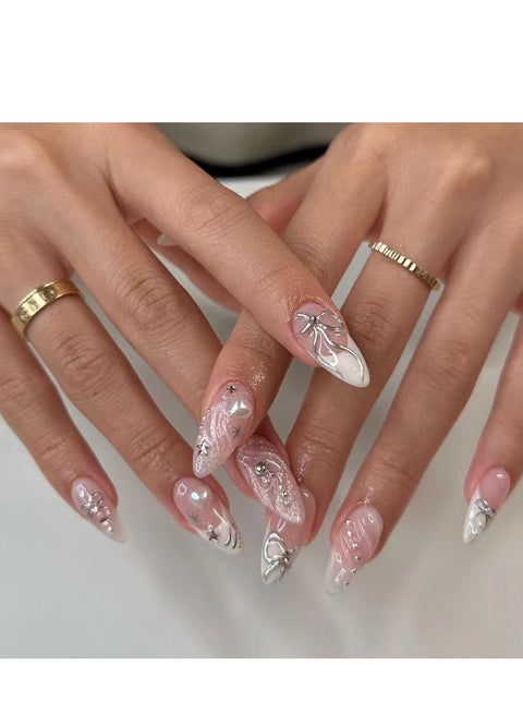 Press On Nails French , 24pcs Captivating 3d French-Style Wearable Nails: Gorgeous Heart And Butterfly Design, Almond-Shaped Nail Pieces Showcasing Natural Elongated ,Fake Acrylic Nails With Glue Kit.