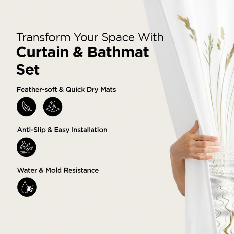 Umai UMAI Shower Curtain (180X180 cm) & Bathmat 3 Pcs Set|6ft|Creative Vibrant Coloured Polyster Curtain Sets with Non-Slip Bath mats for Bathroom|Easy-Slide Curtains|Quick Dry,Soft Mats  - Image 2