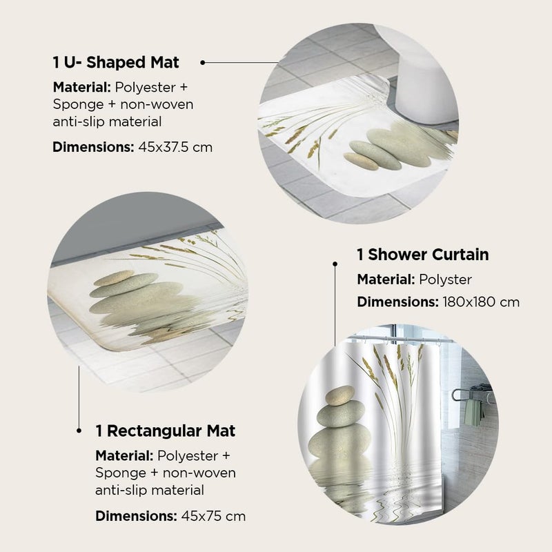 Umai UMAI Shower Curtain (180X180 cm) & Bathmat 3 Pcs Set|6ft|Creative Vibrant Coloured Polyster Curtain Sets with Non-Slip Bath mats for Bathroom|Easy-Slide Curtains|Quick Dry,Soft Mats  - Image 3