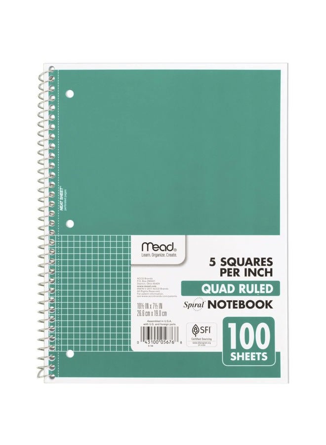 Mead Spiral Notebook, 1 Subject, Quad Ruled, 100 Sheets, Grid Notebook with Engineering Graph Paper, Home Office & Home School Supplies for College Students & K-12, 10-1/2" x 8", Green (05676AC5) - Image 1