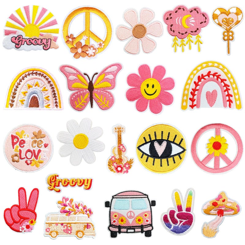 Yaveron 20Pcs Groovy Retro Hippie Iron On Patches Vintage Boho Peace Sign Patch For Clothing Backpacks Jeans Jackets Hats Sew On Embroidered Applique