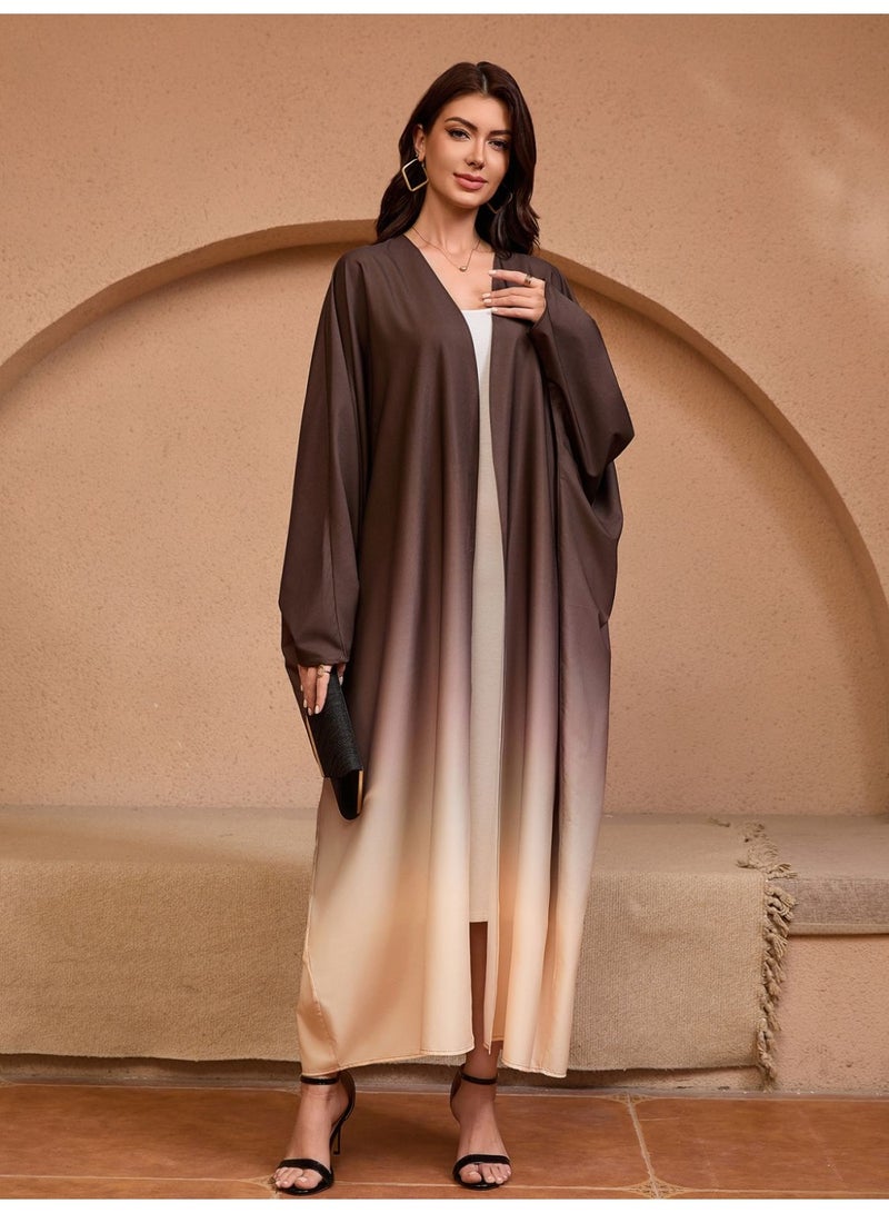 فاشون لاين عباية طويلة أنيقة وأنيقة بأكمام خفاش مع كارديجان متدرج اللون بني متدرج - Image 4