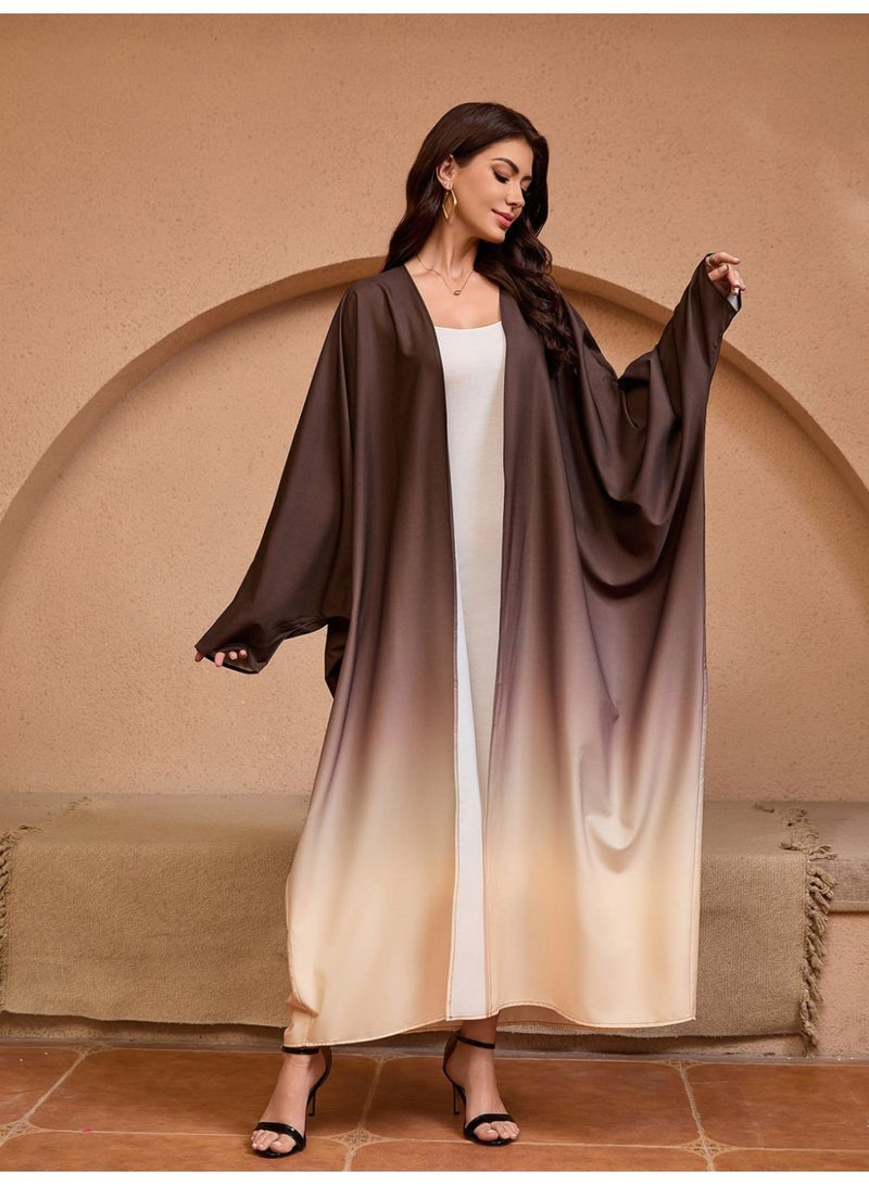 فاشون لاين عباية طويلة أنيقة وأنيقة بأكمام خفاش مع كارديجان متدرج اللون بني متدرج - Image 5