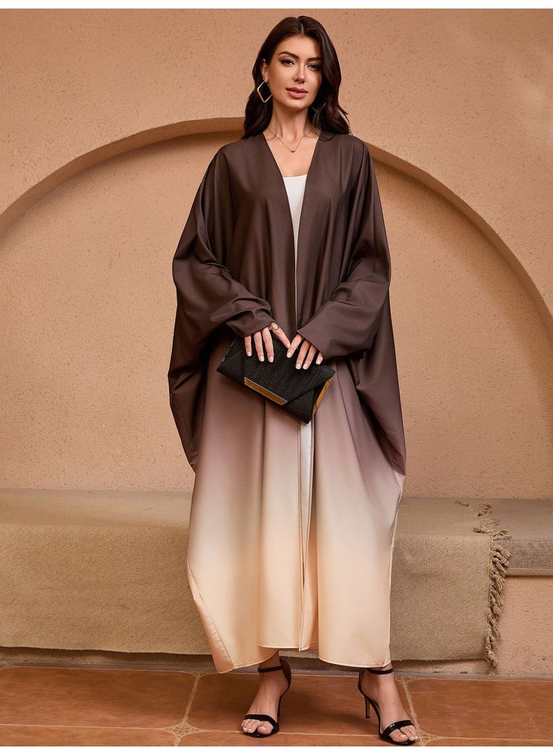 فاشون لاين عباية طويلة أنيقة وأنيقة بأكمام خفاش مع كارديجان متدرج اللون بني متدرج - Image 1