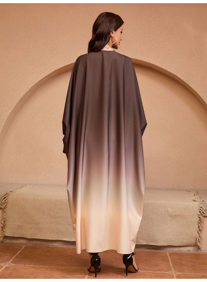 فاشون لاين عباية طويلة أنيقة وأنيقة بأكمام خفاش مع كارديجان متدرج اللون بني متدرج - Image 2