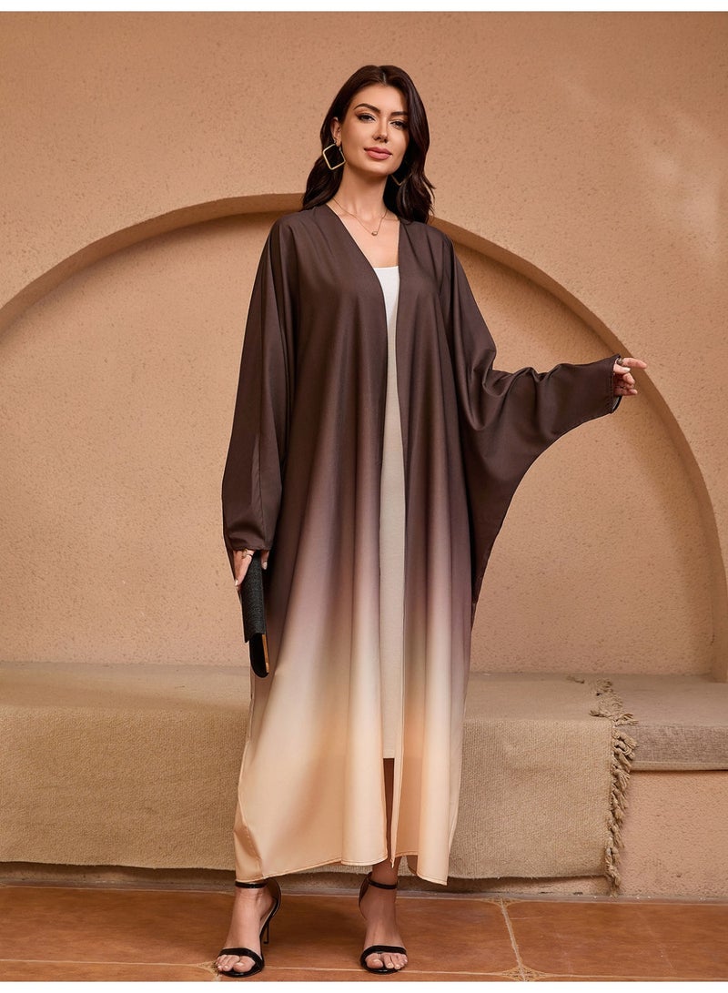 فاشون لاين عباية طويلة أنيقة وأنيقة بأكمام خفاش مع كارديجان متدرج اللون بني متدرج - Image 3