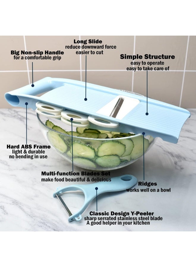 5 in 1 Mandoline Slicer for Kitchen, Vegetable Slicer Multi Blade Potato Chip, Veggie shredder, Vegetable Cutter, Julienne Shredder and peeler For Small Job In Kitchen Blue - Image 2