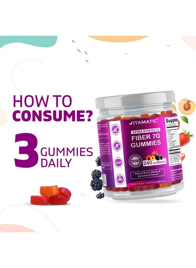 Vitamatic Prebiotic Fiber Gummies for Adults, 7G Extra Strength, Zero Sugar Added, 240 Pectin Based Gummies, Digestive Health & Regularity Support - Image 4