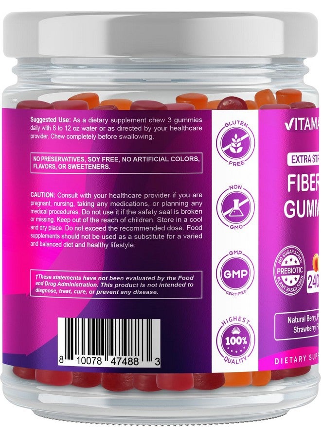 Vitamatic Prebiotic Fiber Gummies for Adults, 7G Extra Strength, Zero Sugar Added, 240 Pectin Based Gummies, Digestive Health & Regularity Support - Image 5