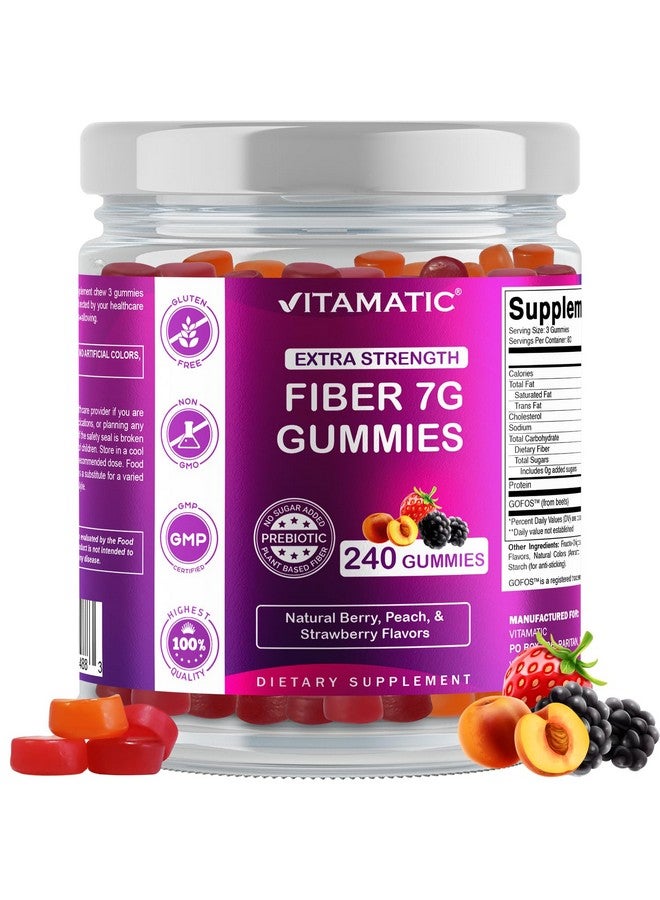 Vitamatic Prebiotic Fiber Gummies for Adults, 7G Extra Strength, Zero Sugar Added, 240 Pectin Based Gummies, Digestive Health & Regularity Support - Image 1