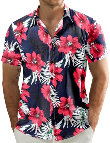 JOGAL Men's Flower Casual Button Down Short Sleeve Hawaiian Shirt XX-Large Navy - Image 1
