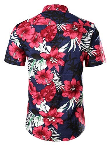 JOGAL Men's Flower Casual Button Down Short Sleeve Hawaiian Shirt XX-Large Navy - Image 3