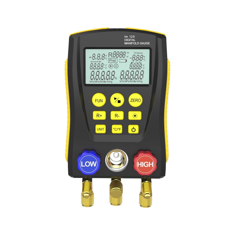 Autool QPKING Refrigeration Digital Manifold Gauge Meter HVAC Vacuum Pressure Temperature Tester Leakage Test LM120 Digital Manifold Pressure Tester with 3 Hoses Builtin 89 Database1