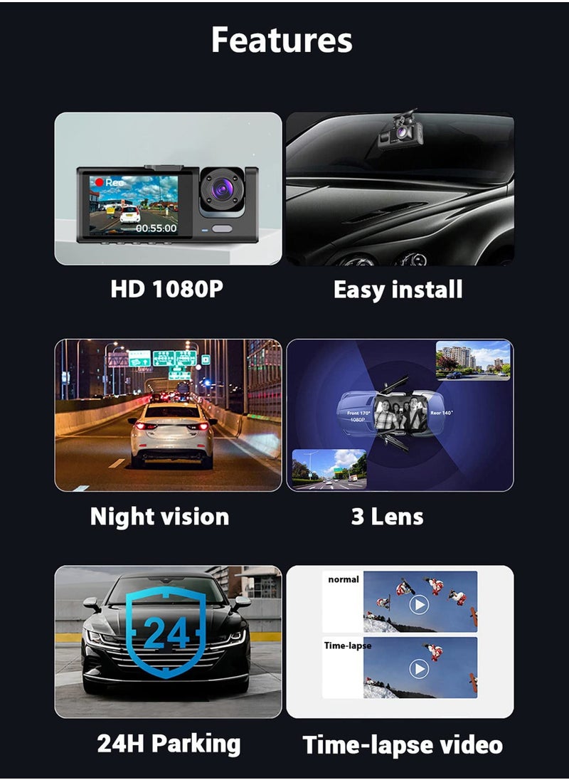 OULIYO - 1296P DVR Dash Camera Front & Inside & Rear Camera Driving Recorder 2 Inch Screen Dashcam Support Night-Vision - Image 1