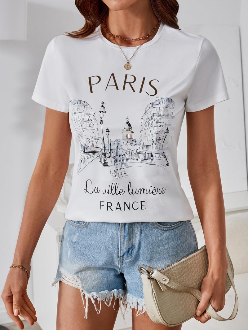 SweatyRocks Women's Paris Letter Graphic Tees Crew Neck Short Sleeve Casual T Shirt Tops White - Image 3