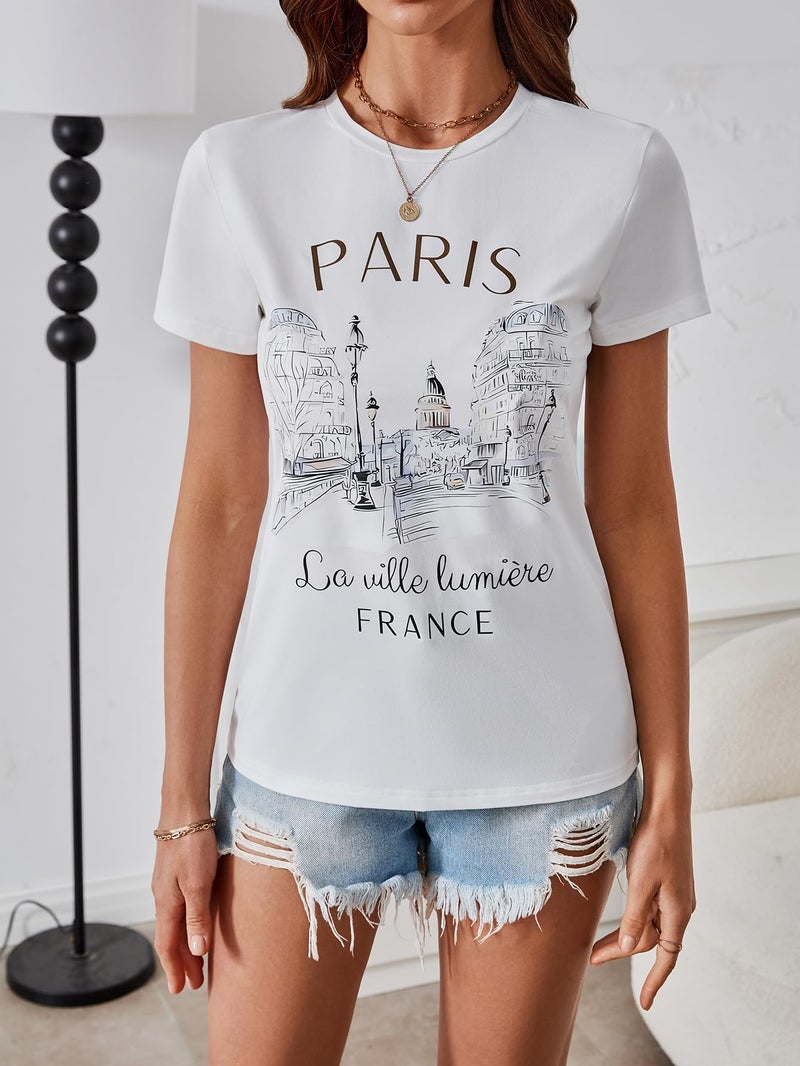 SweatyRocks Women's Paris Letter Graphic Tees Crew Neck Short Sleeve Casual T Shirt Tops White - Image 5