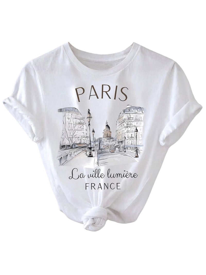SweatyRocks Women's Paris Letter Graphic Tees Crew Neck Short Sleeve Casual T Shirt Tops White - Image 1