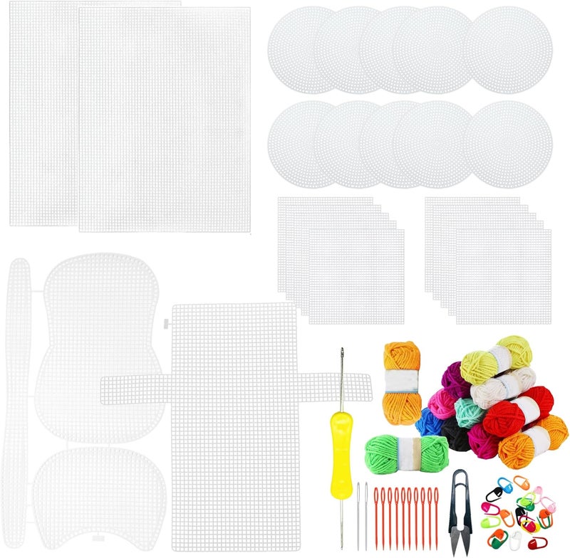 Allazone 59 PCS Mesh Plastic Canvas Sheets Kit Including 24 PCS Clear Plastic Canvas, 12 Color Acrylic Yarn for DIY Crafts Embroidery Cross Stitch, Acrylic Yarn Crafting, Knit and Crochet Projects - Image 1